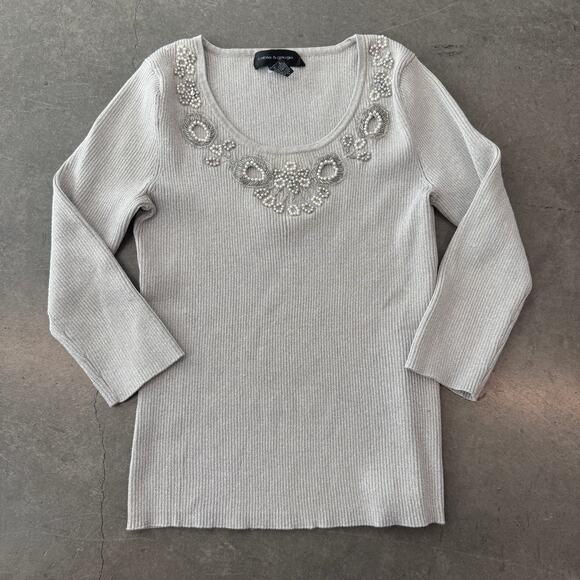 Vintage Tops - Vintage Y2k Silver Grey Embellished Knit Longsleeve Rhinestone Women's Blouse S